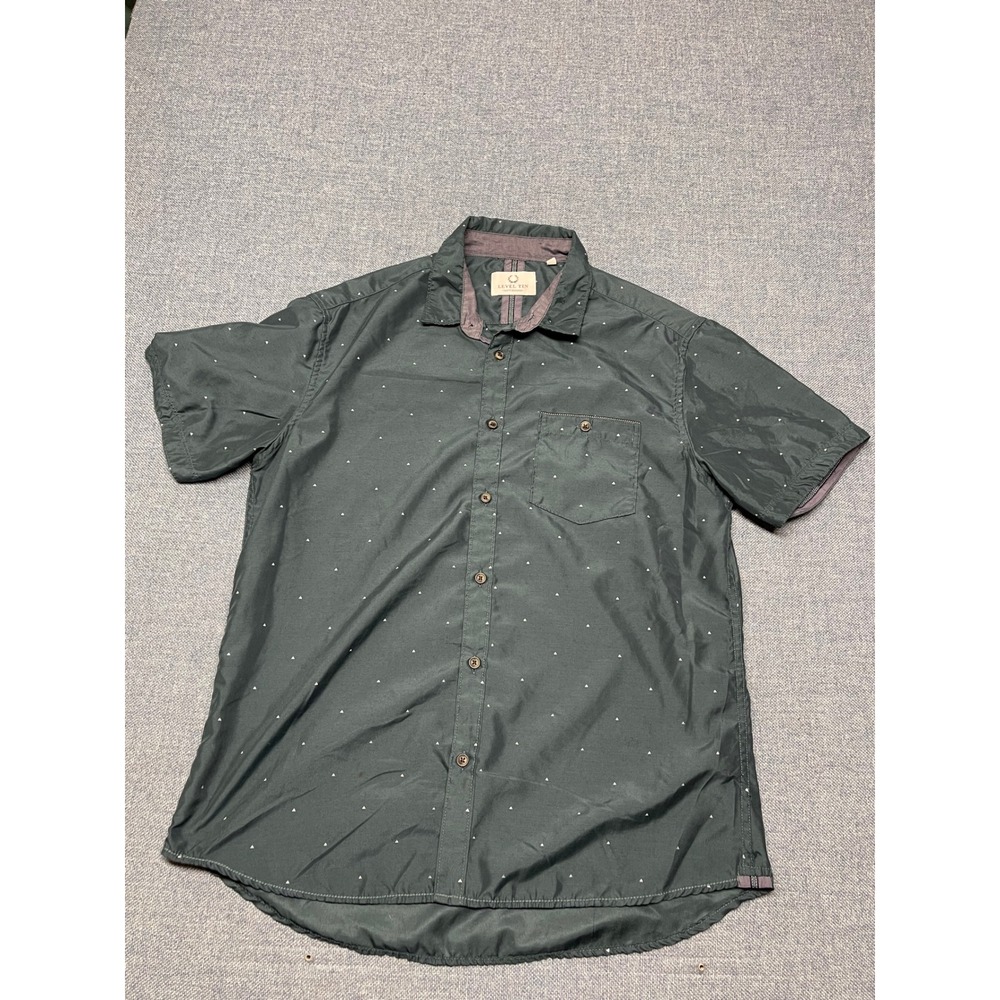 Level Ten Mens Large Short Sleeve Button Down Shirt Green Triangle Print Casual - Picture 1 of 6